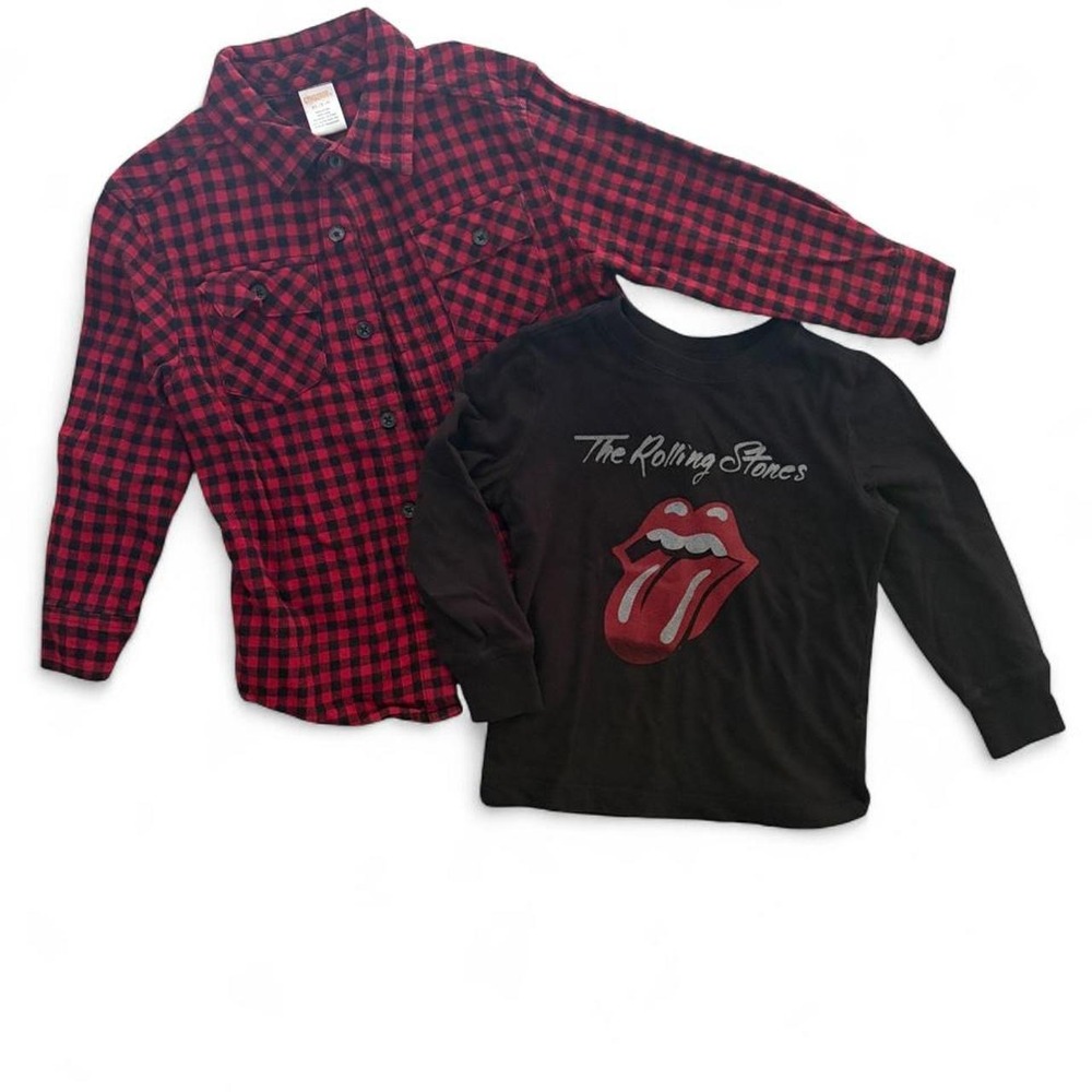 Boys Gymboree Plaid Button Up & Old Navy Rolling Stones Shirt Lot 3T 4T